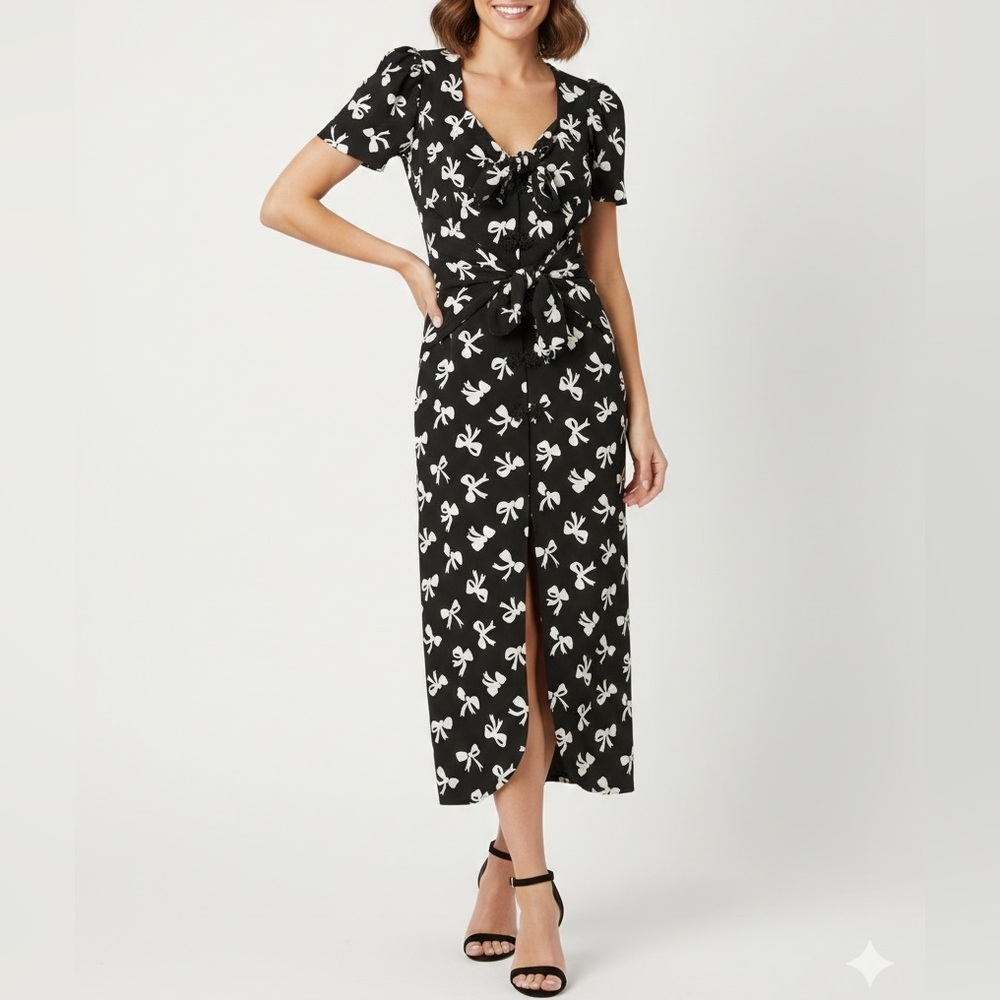NWT Rebecca De Ravenel Zaza Dress Silk Crepe Black Bow Print Midi Sz 6